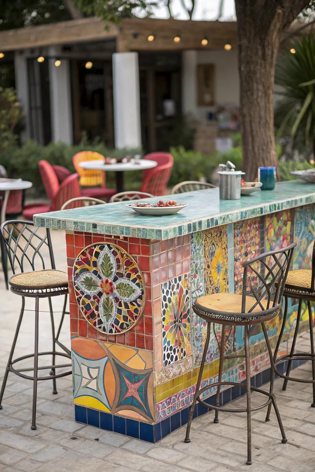 An artistic touch with a colorful mosaic bartop.