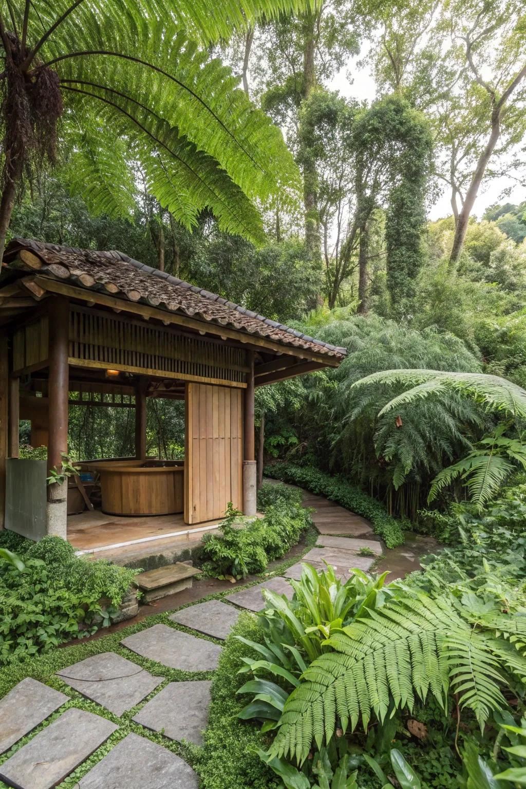 Greenery transforms this bathhouse into a tranquil retreat.
