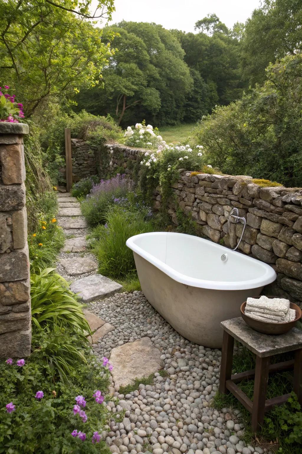A rustic stone haven for a natural bathing experience.