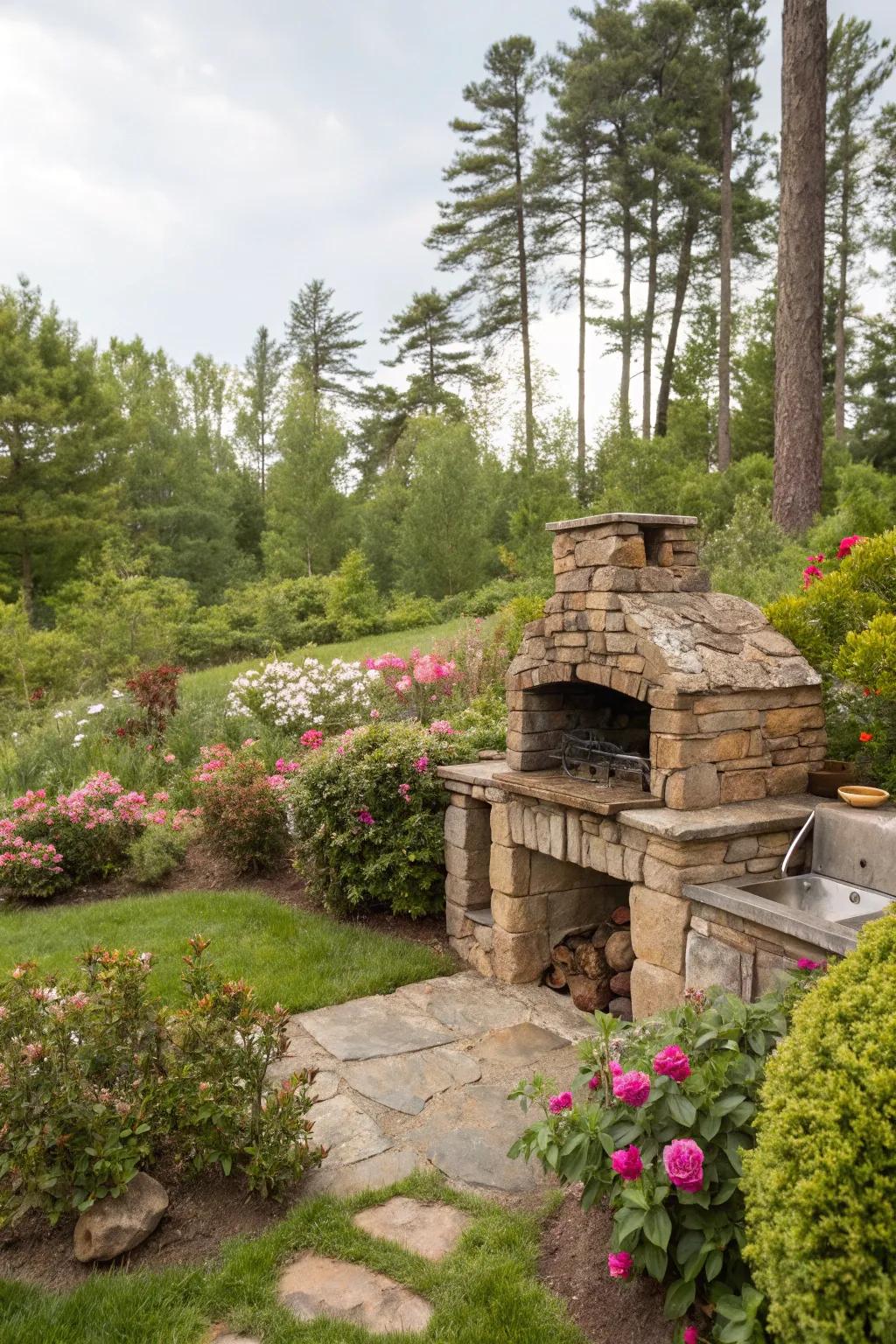 Embrace rustic charm with a stone BBQ pit nestled in nature.