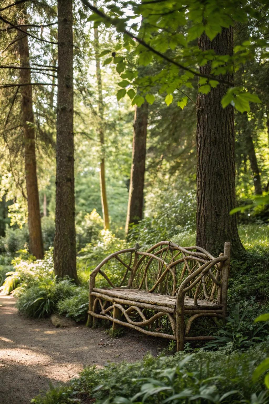 A bench crafted from branches blends beautifully with natural surroundings.