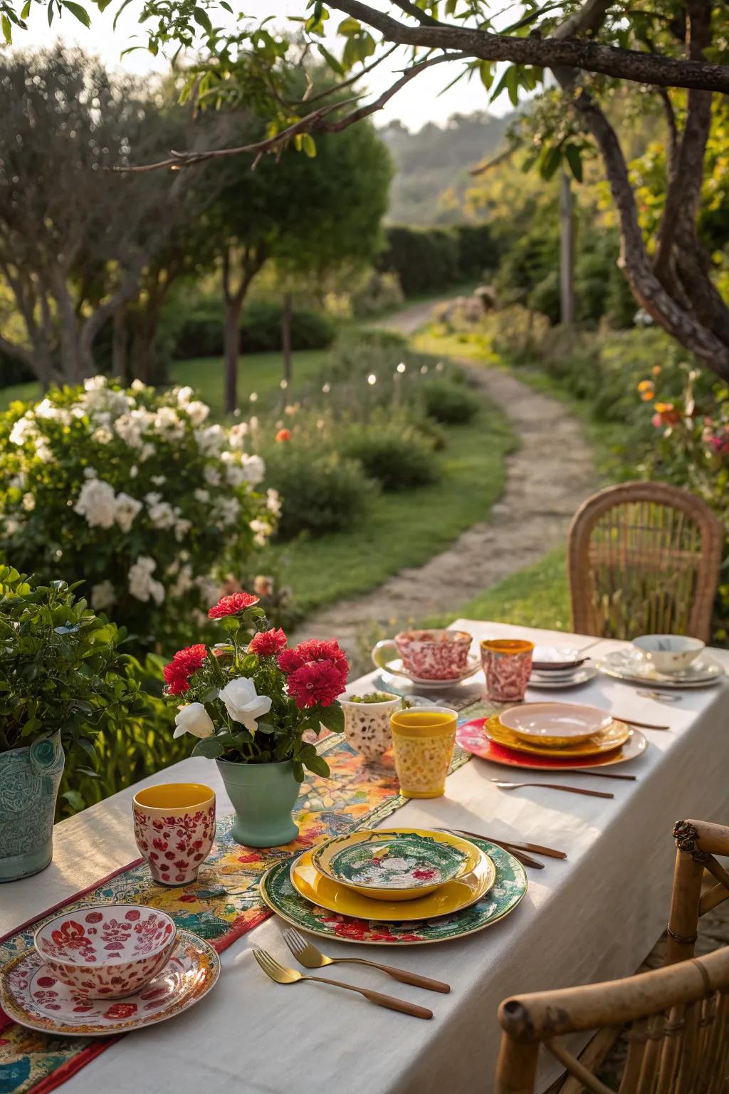 A table set with vibrant colors and creative centerpieces for a festive feel.