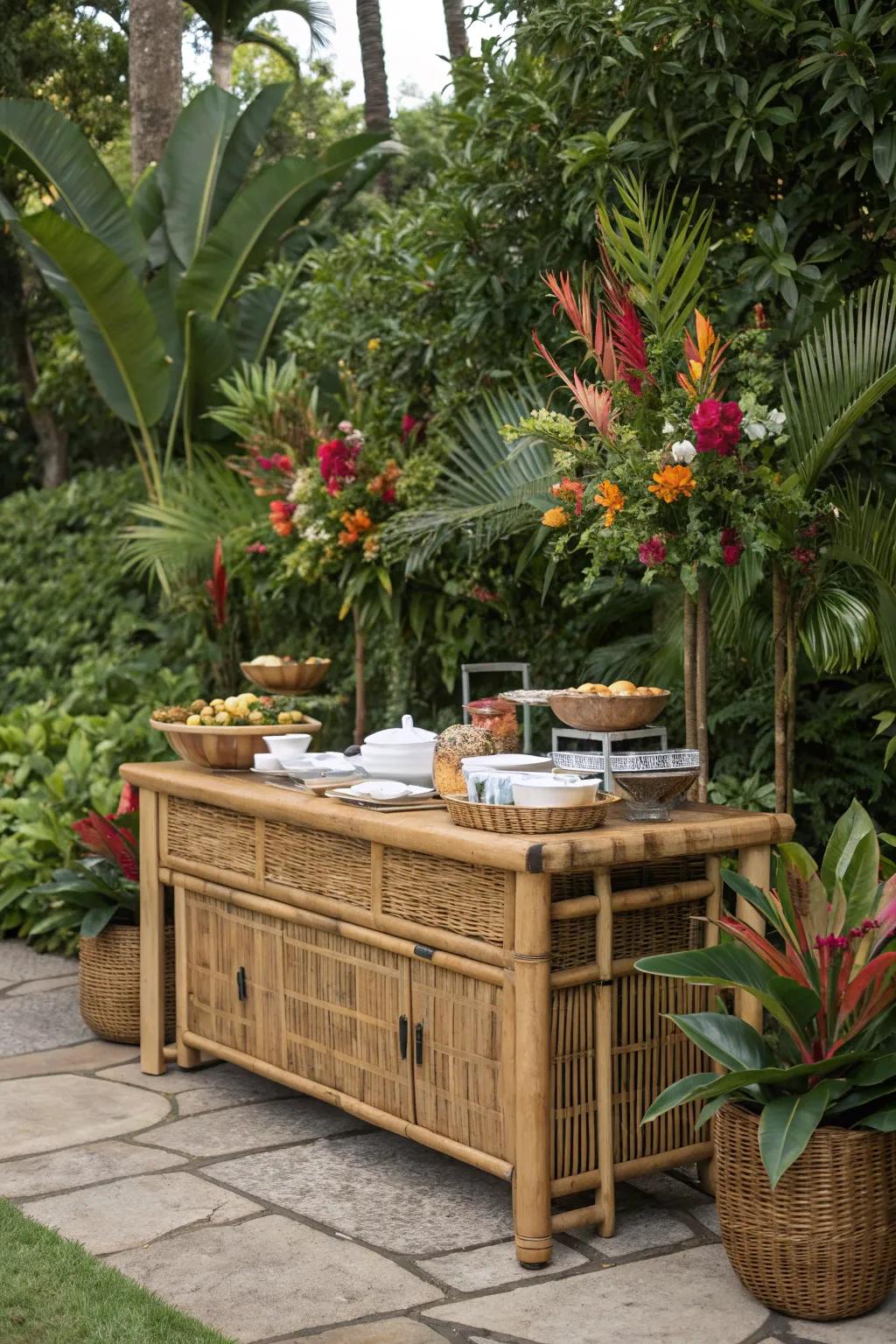 Bring the tropics to your backyard with a bamboo buffet table.
