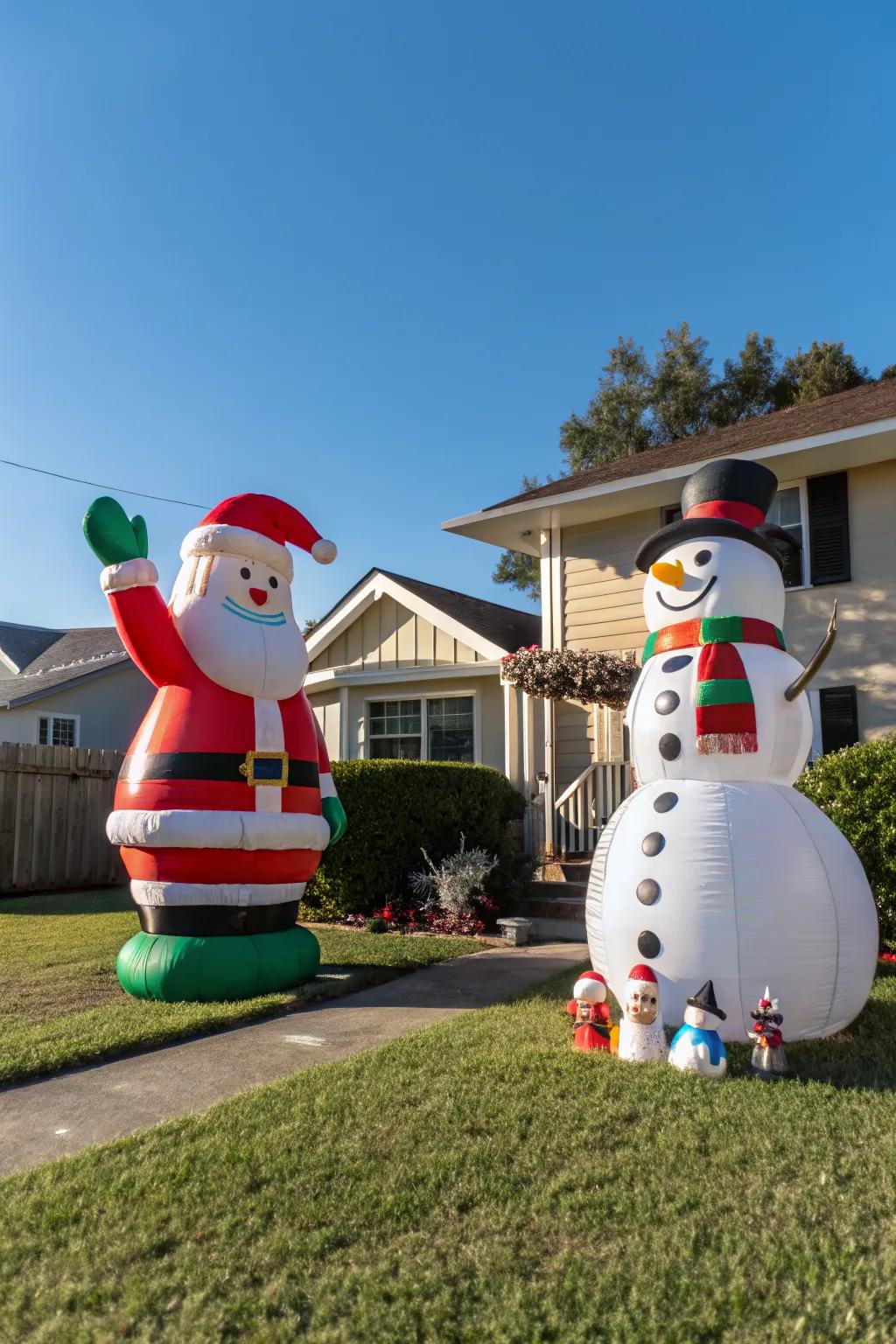 Inflatable characters bring a playful spirit to outdoor decor.
