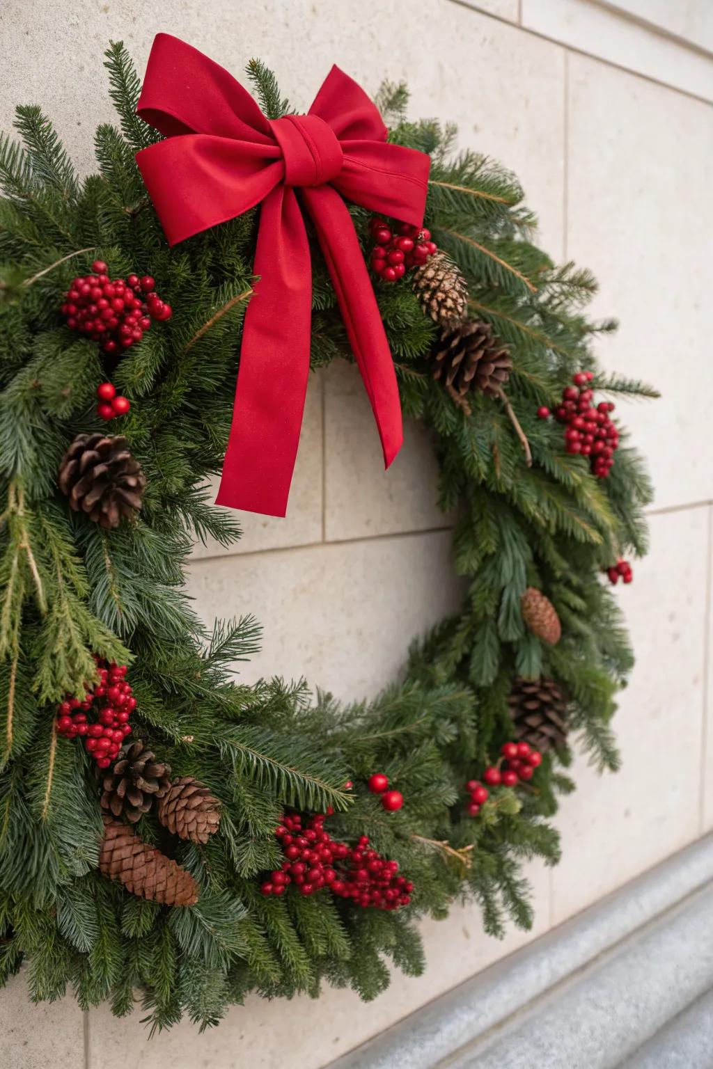 A bold red bow adds a festive touch to this wreath.