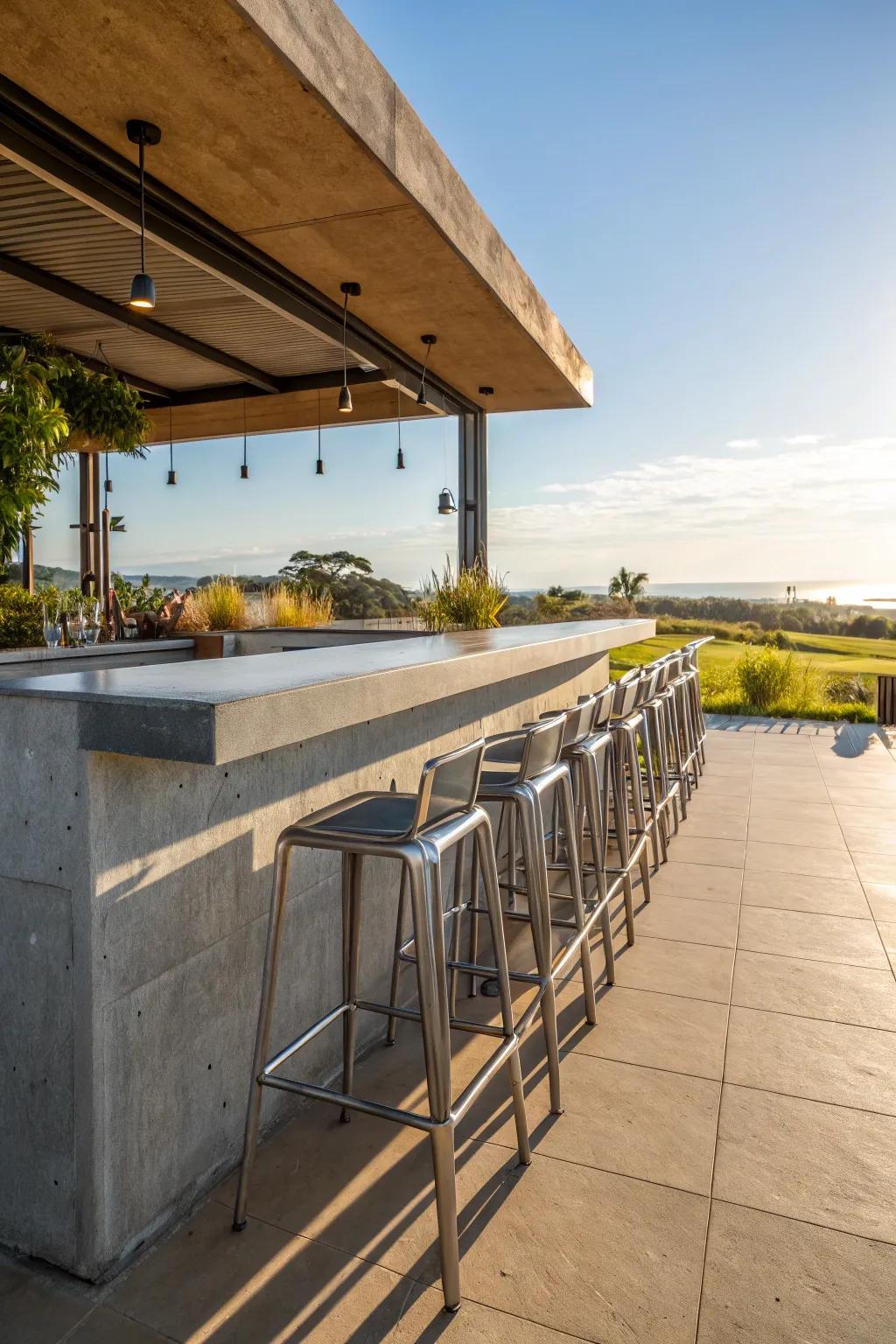 Stylish metallic stools complement the concrete bar perfectly.