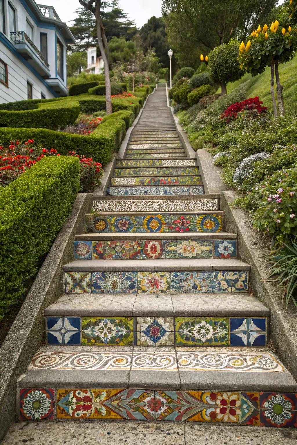 Concrete stairs adorned with a vibrant tile mosaic.