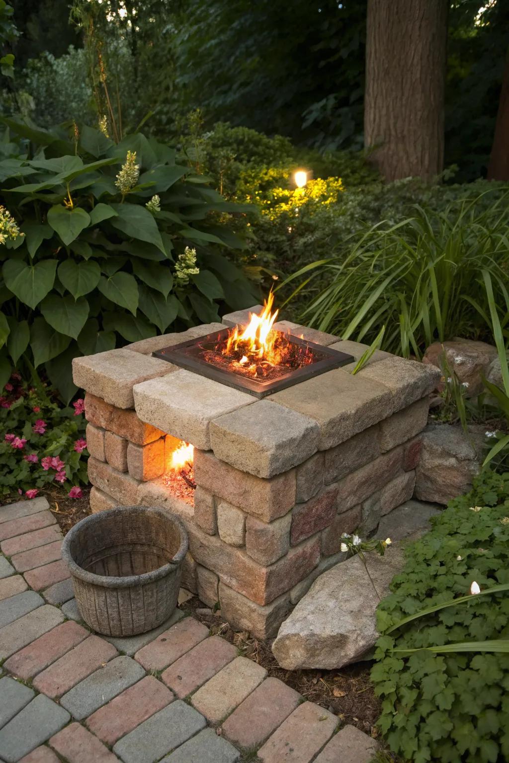 A sturdy stone and brick fire pit exuding rustic charm.
