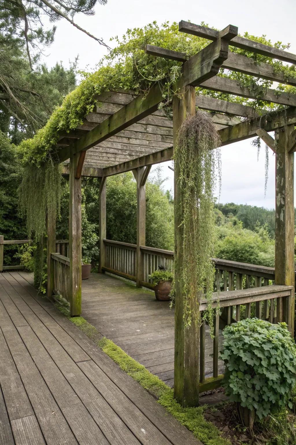 A rustic pergola deck with hanging plants for a natural escape.