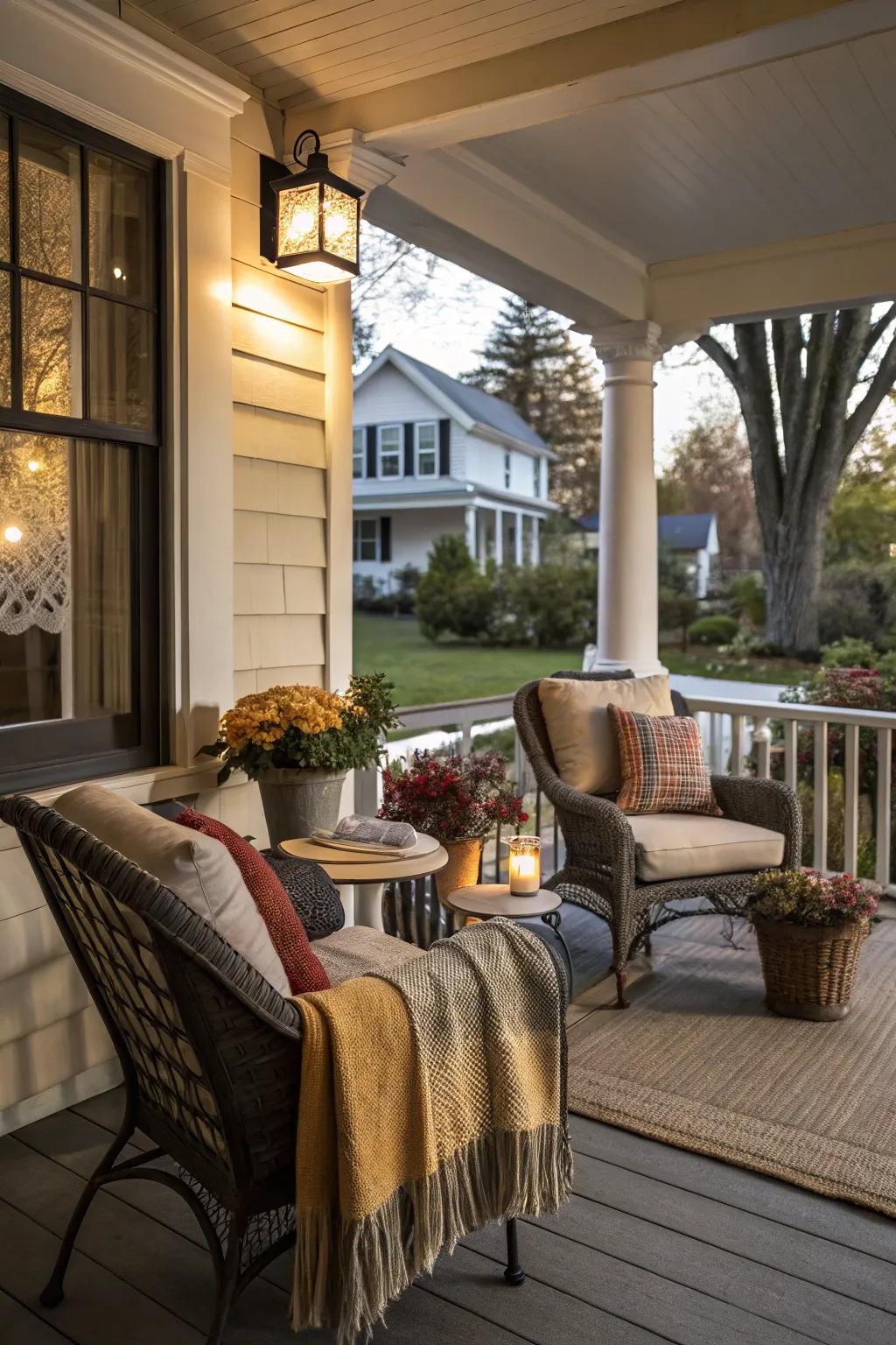 Create a charming sitting area on your porch for relaxation.