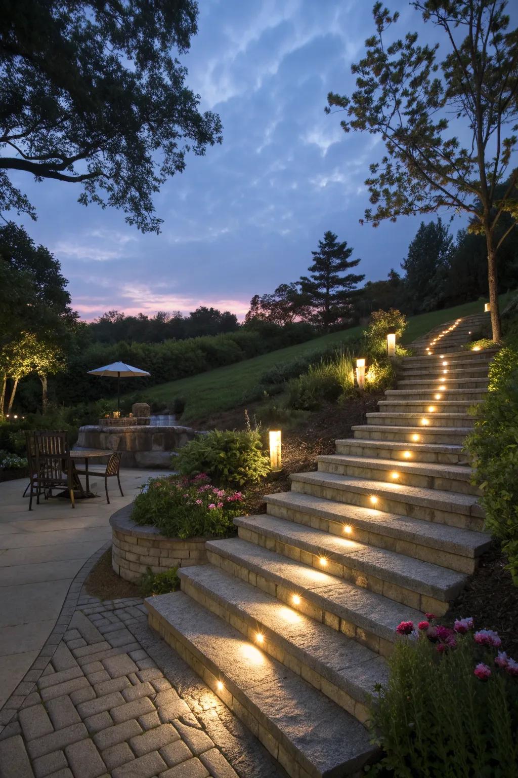 Integrated lighting turns garden stairs into a magical evening path.