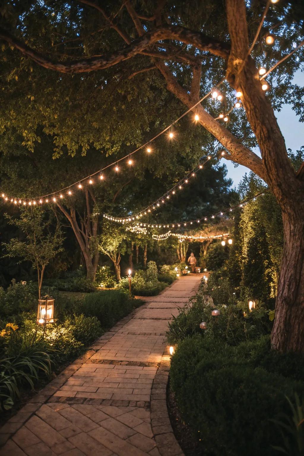 Twinkling string lights create a romantic and magical atmosphere in your garden.
