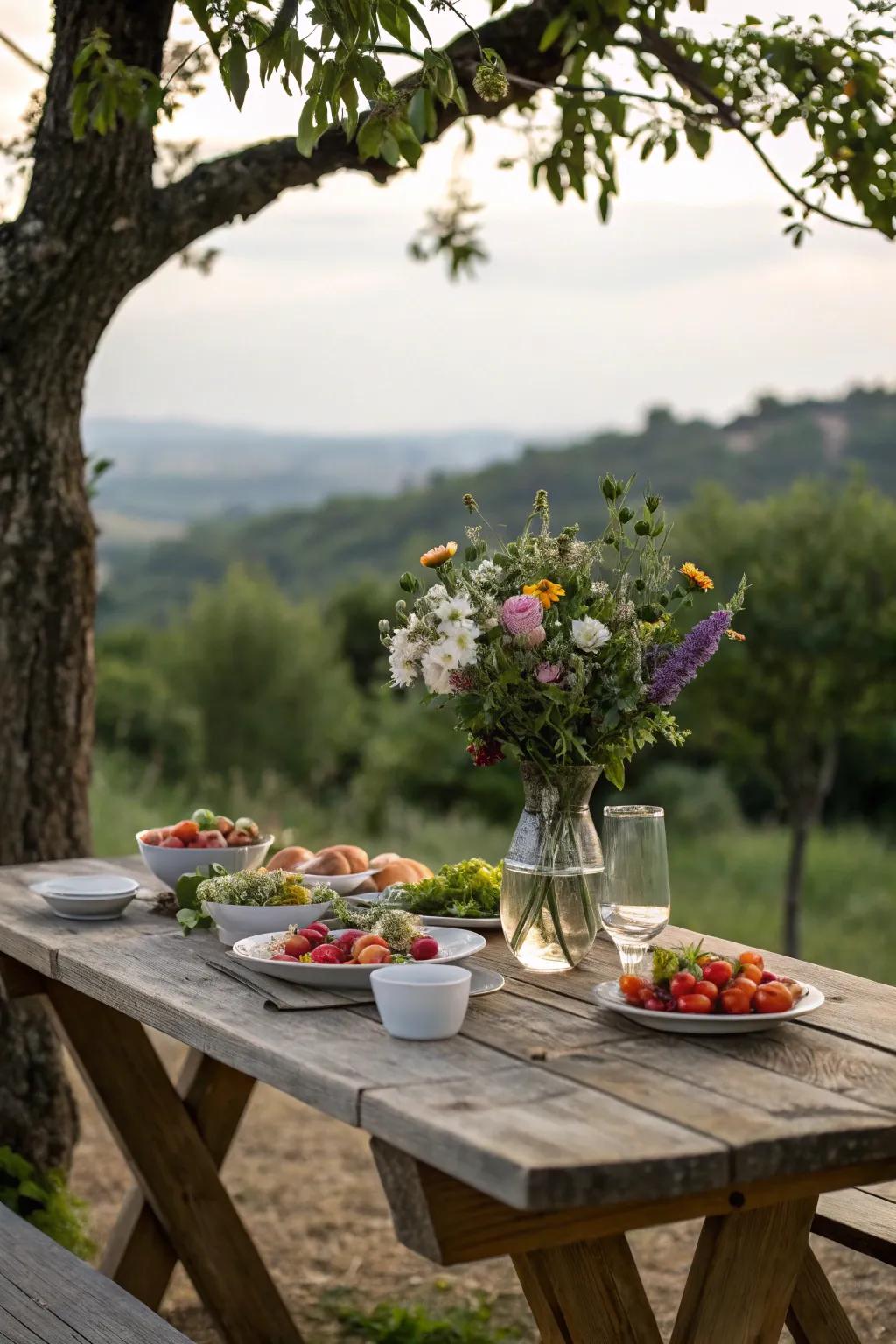 A rustic farm-to-table dining setup that's both charming and delicious.
