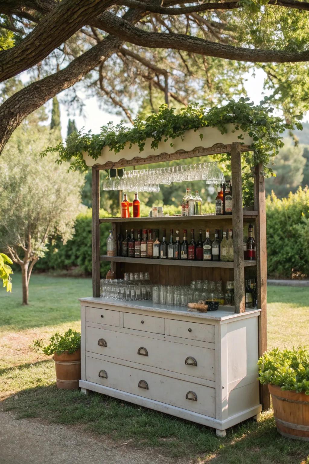 An outdoor bar crafted from a vintage dresser, perfect for entertaining.
