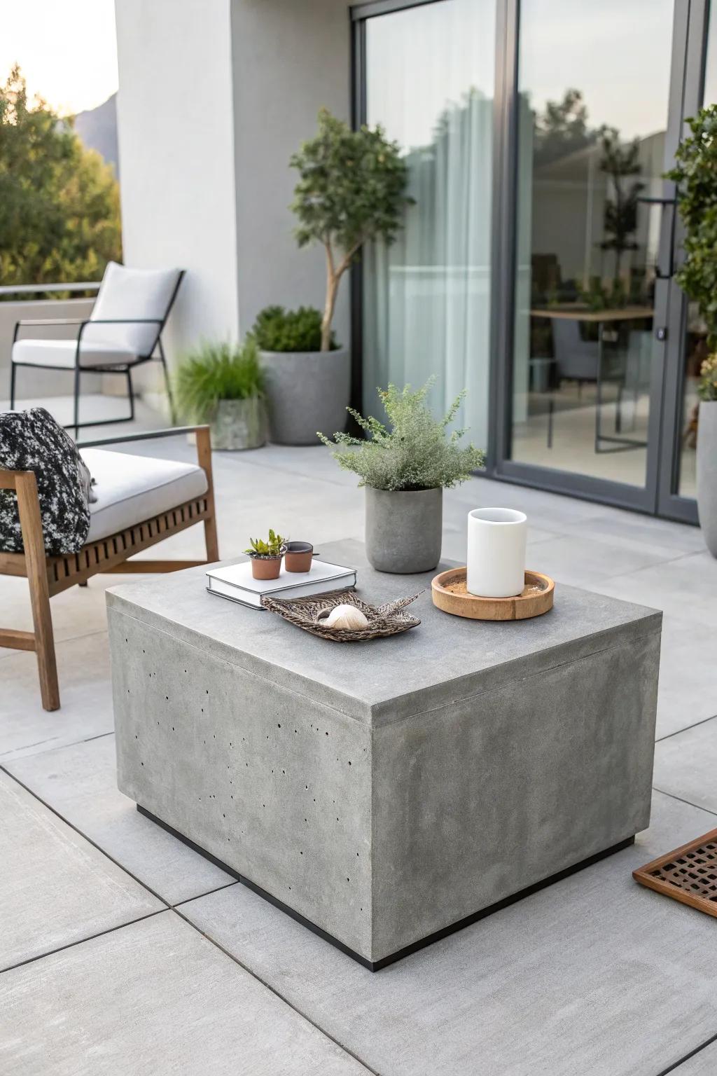 Concrete tables offer durability and sleek style for any patio.