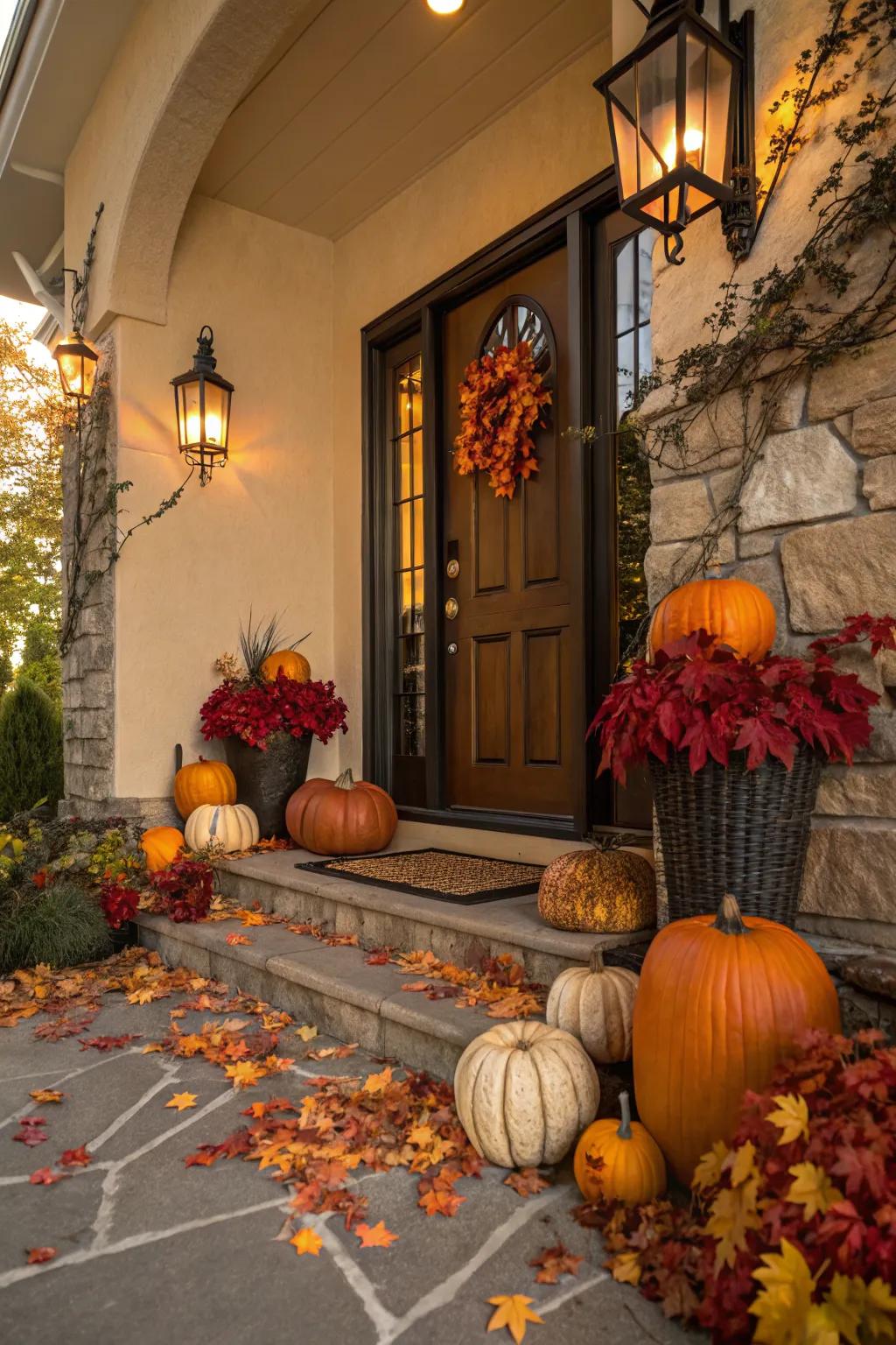 Seasonal decor like pumpkins adds a festive touch to your entryway.