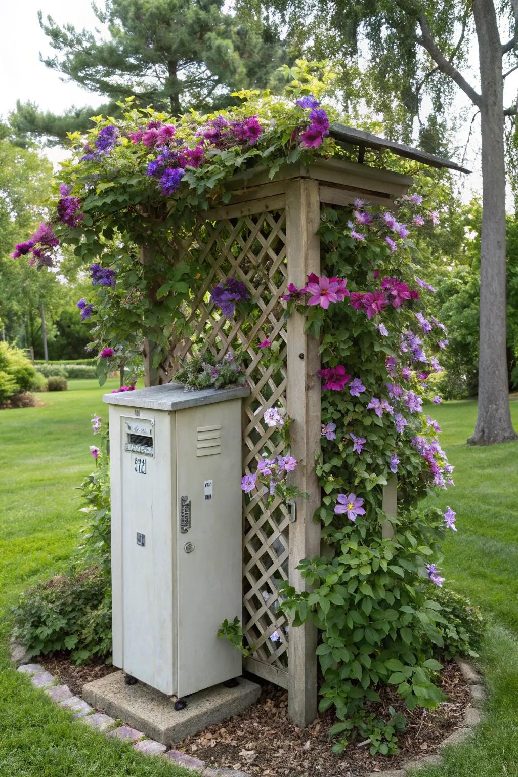 A trellis with flowering vines can turn utility boxes into garden art.