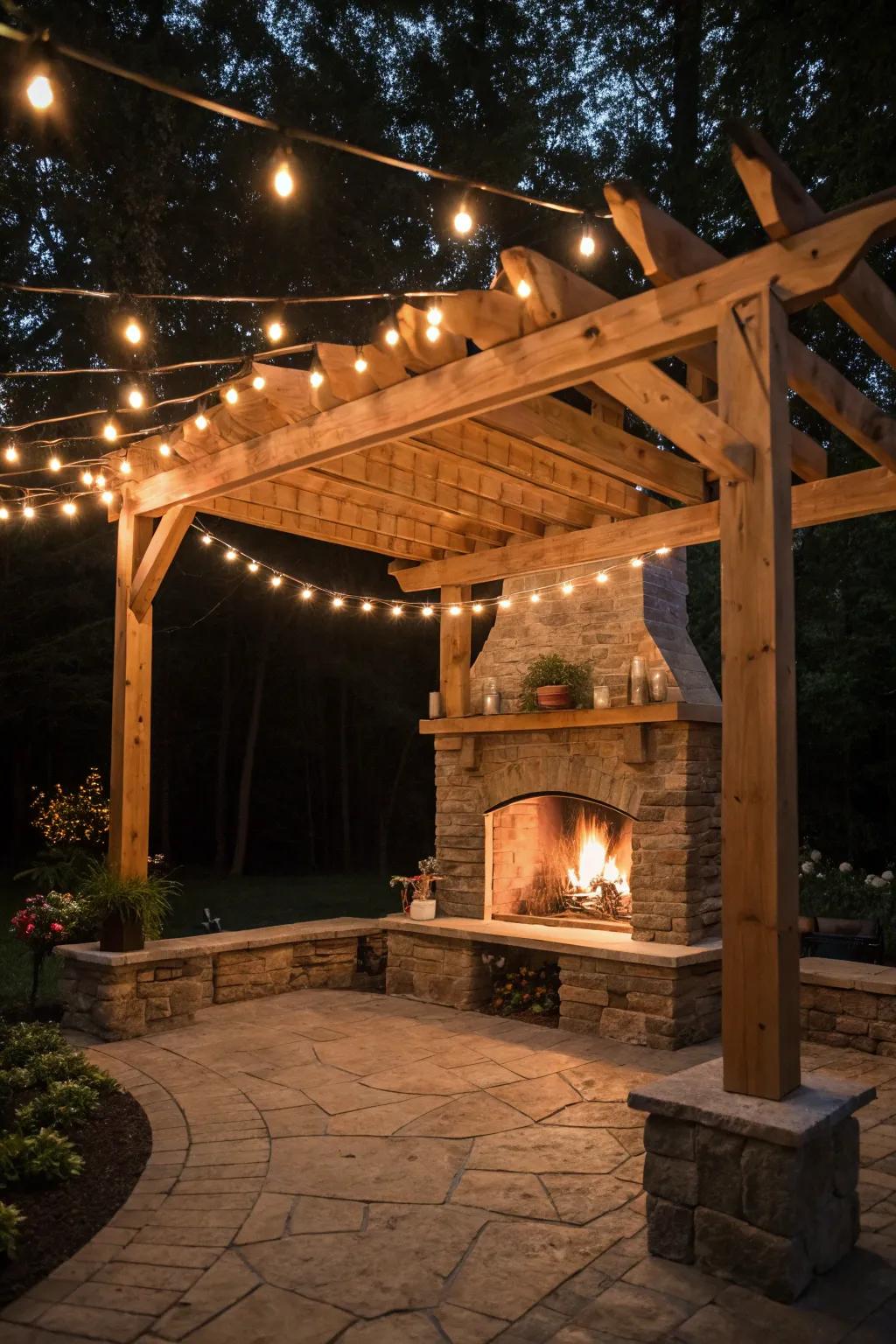 A charming pergola retreat with soft lighting.