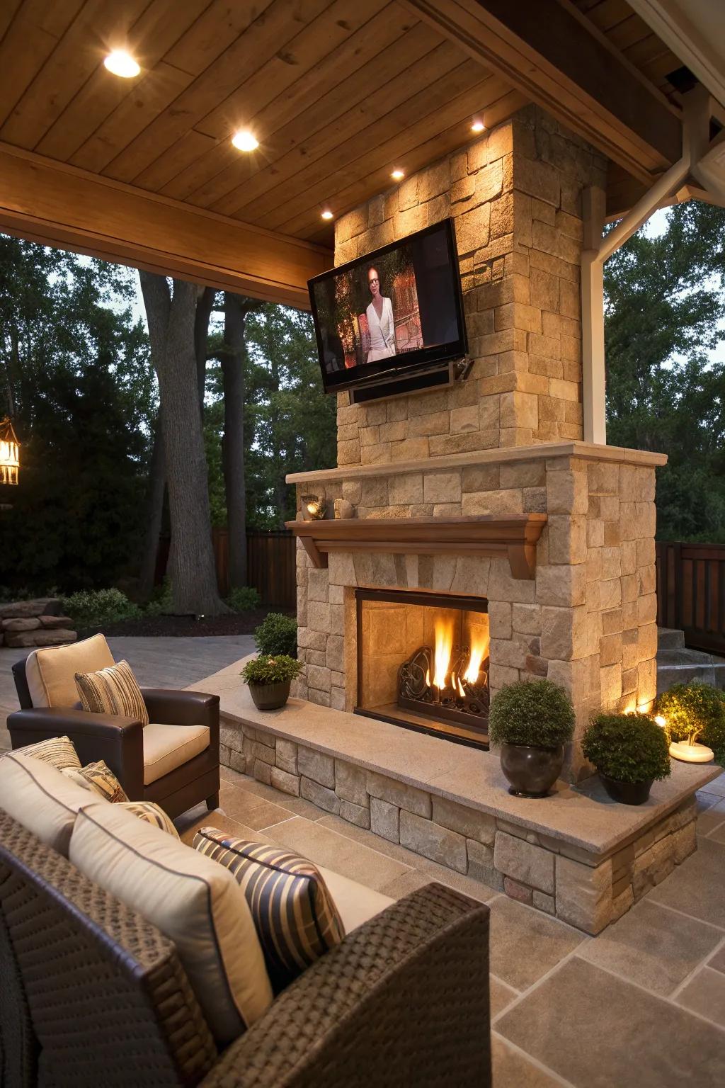 Create a corner retreat with a fireplace and TV for intimate gatherings.