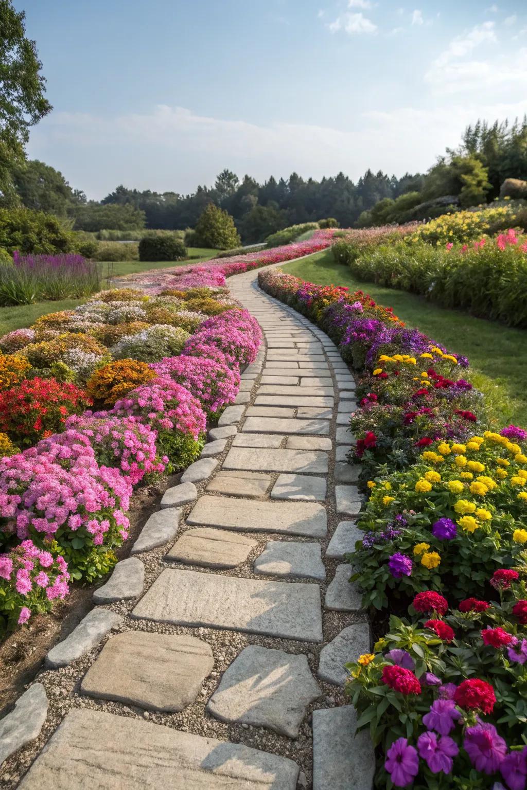 A charming stone pathway weaving through vibrant flower beds.