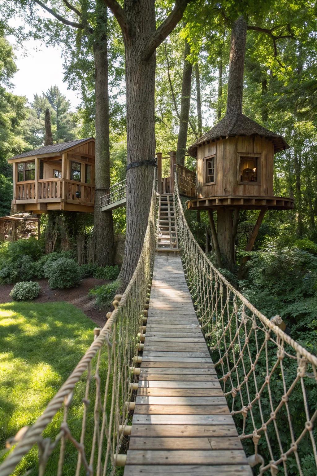 An adventurous rope bridge linking treehouses, perfect for young explorers.