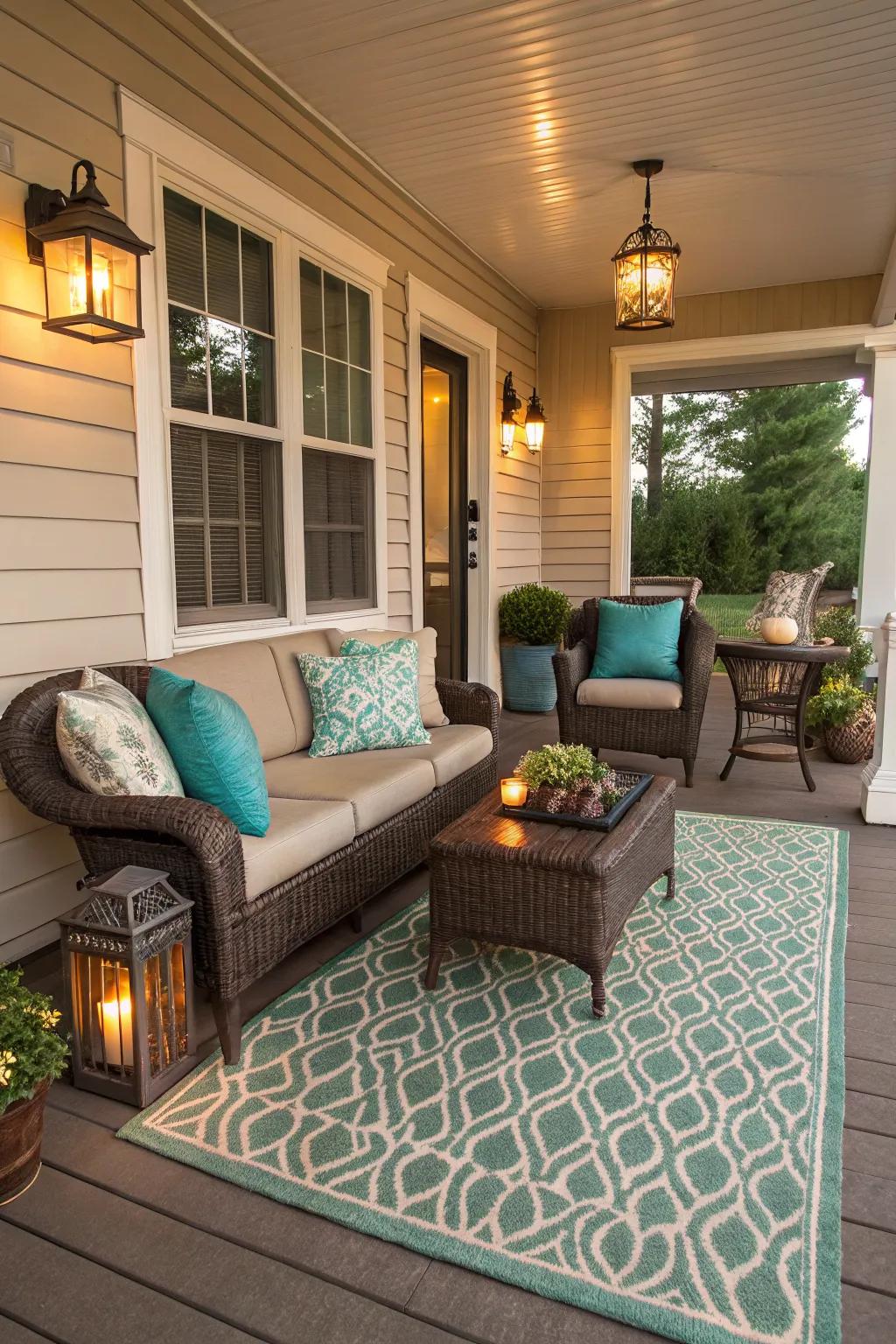 A stylish outdoor rug adds warmth and texture to this inviting porch.