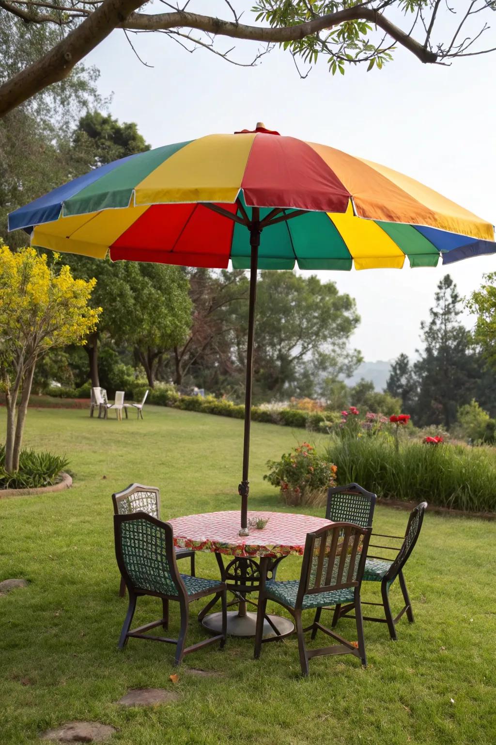 A vibrant umbrella offering shade on a sunny lawn.
