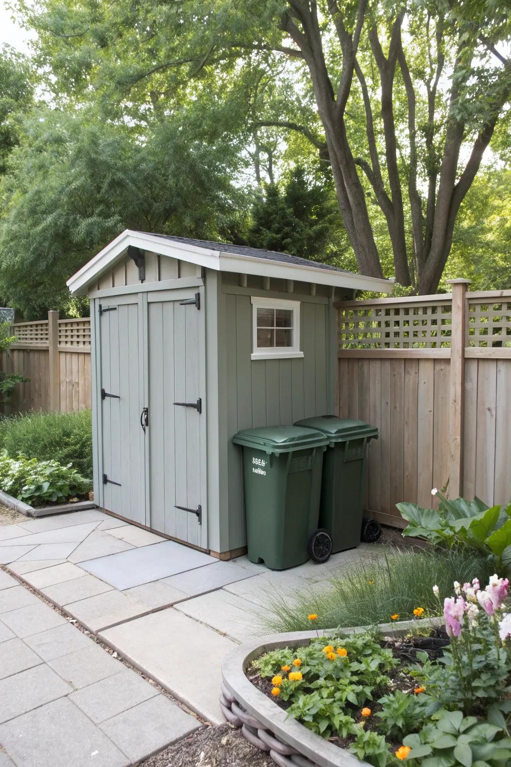 A compact shed providing a tidy storage solution for outdoor garbage bins.