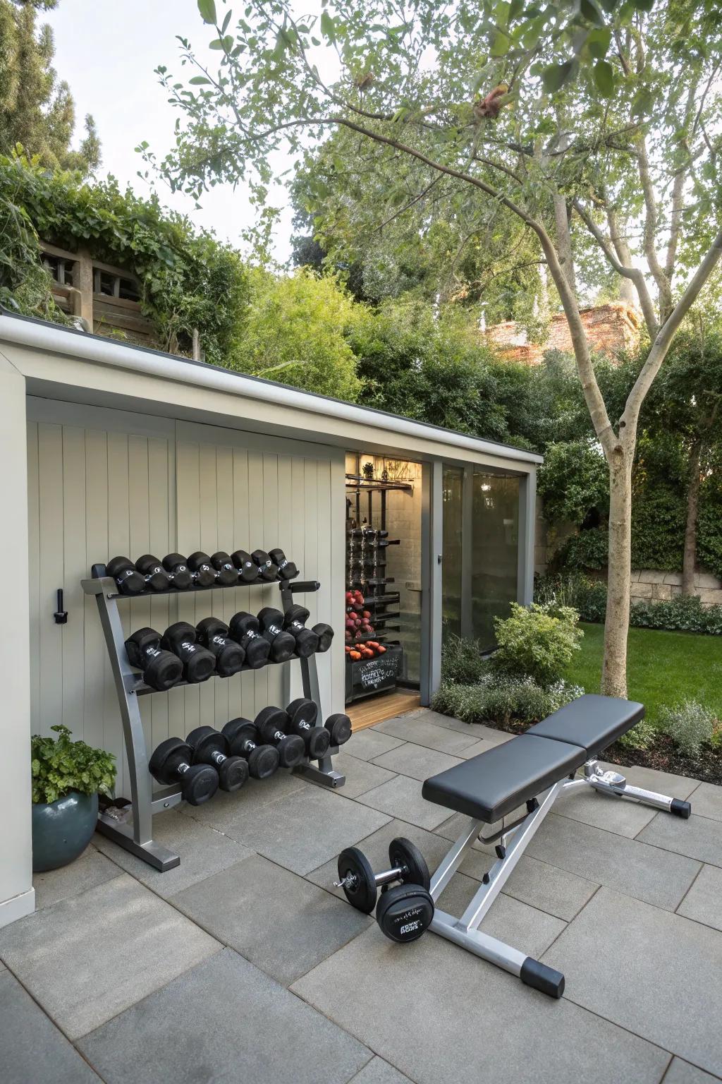 A tidy equipment corner maximizes space and streamlines your workout routine.