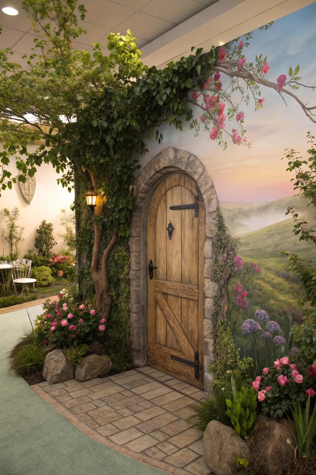 A magical doorway mural invites imagination and adventure.