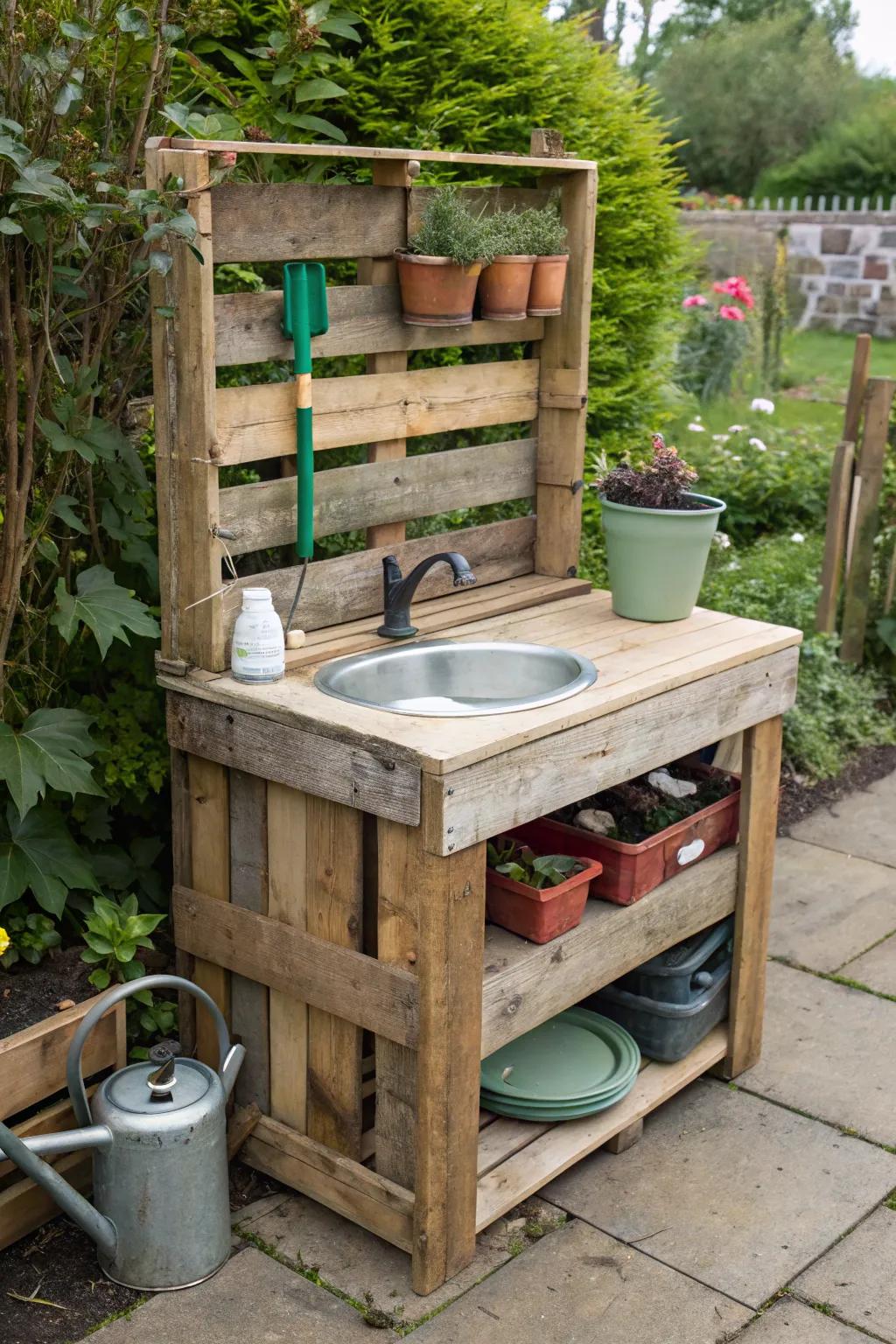 Embrace sustainability with an upcycled pallet sink station.