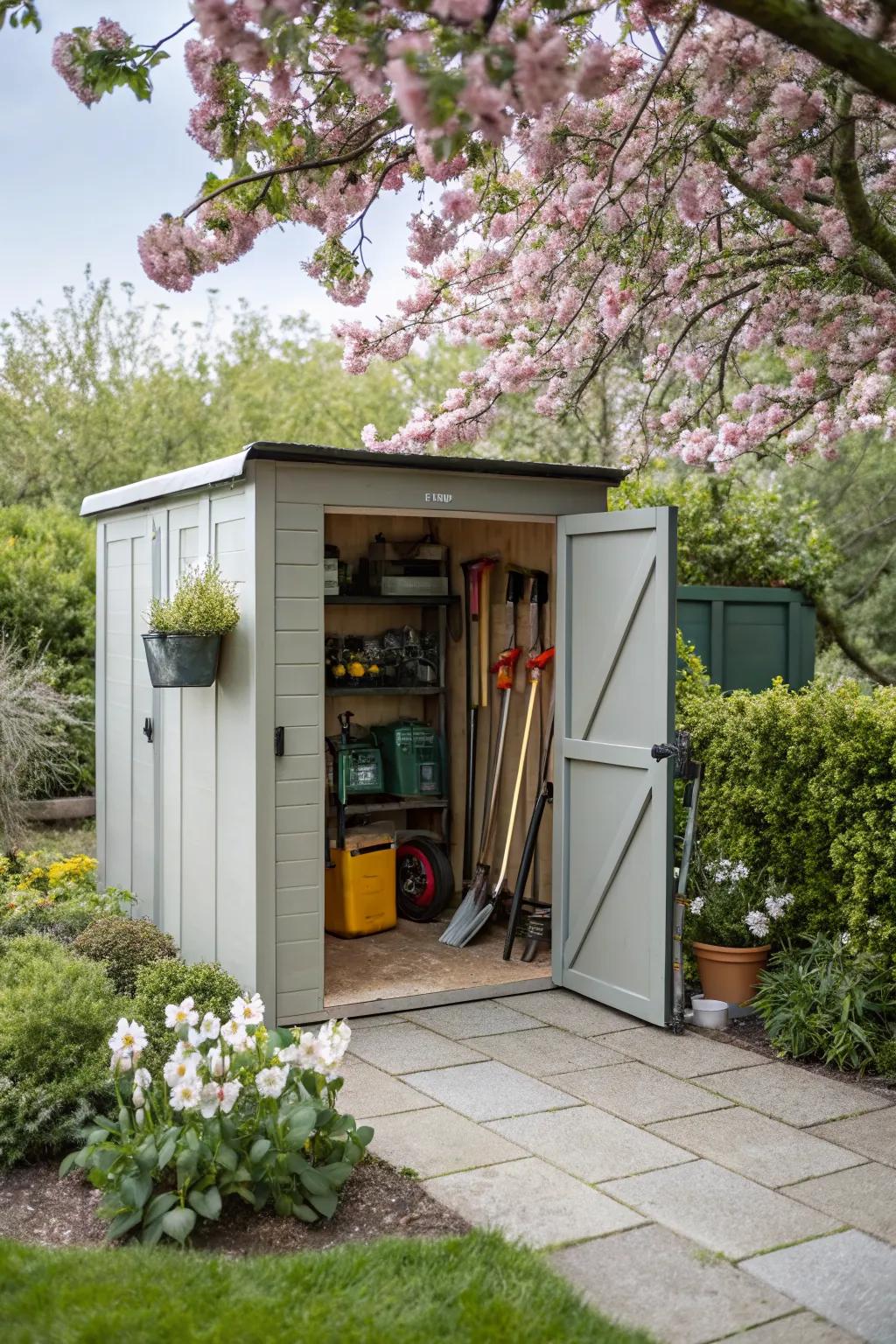 A dedicated storage shelter keeps your tools safe and organized.