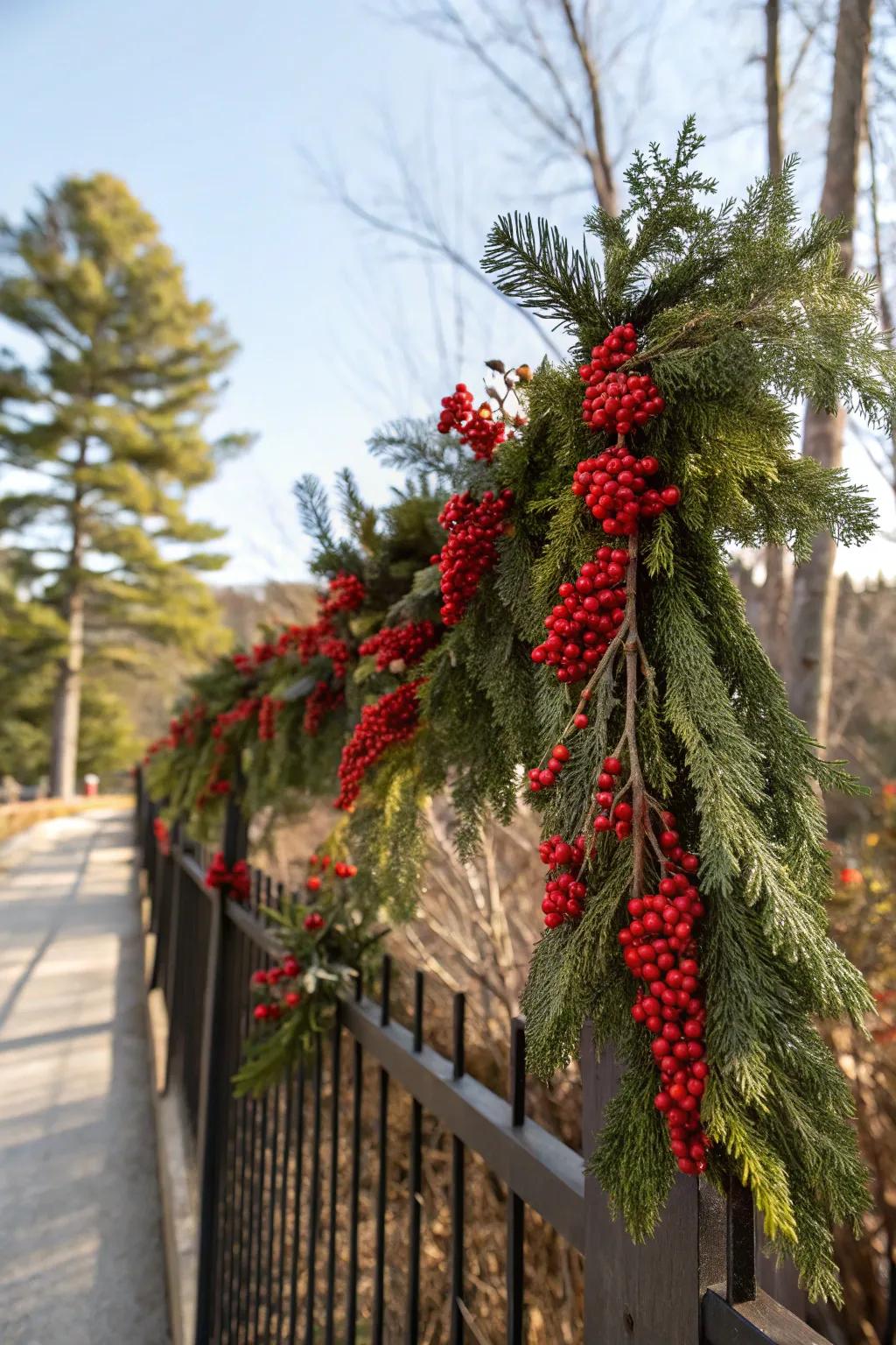 Red berries bring a bright pop of color to garlands.