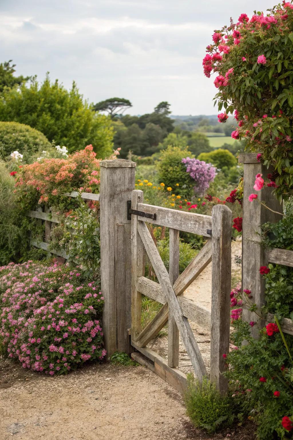 Rustic wood gates add warmth and blend seamlessly with natural surroundings.