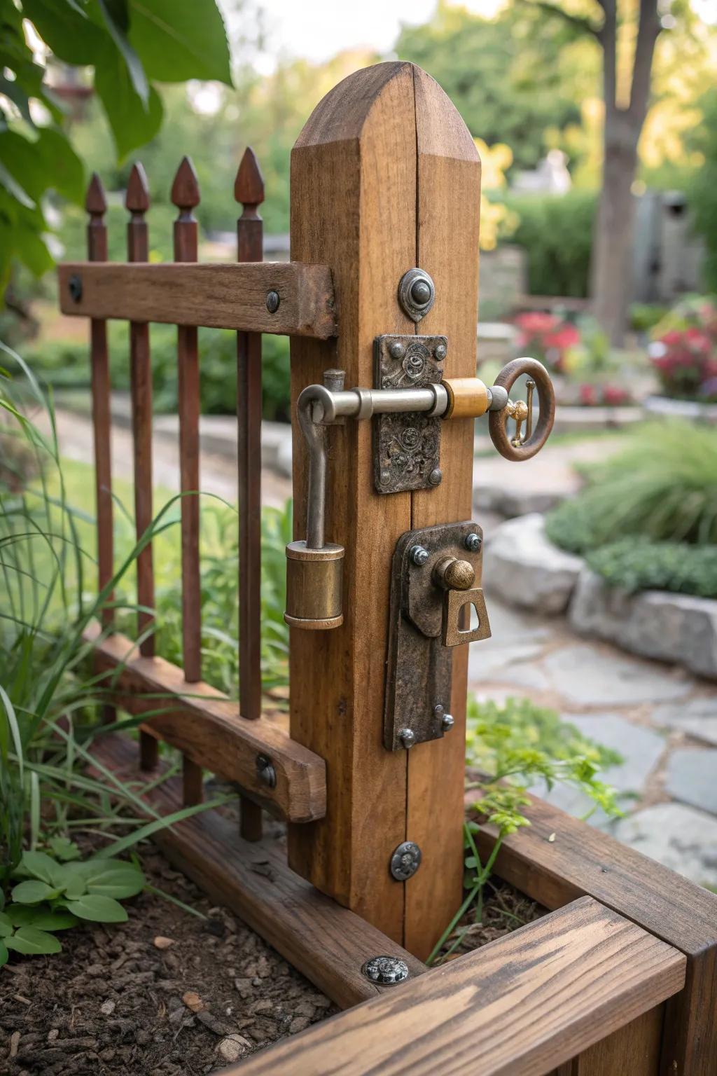A creative DIY gate lock made from wood and metal.