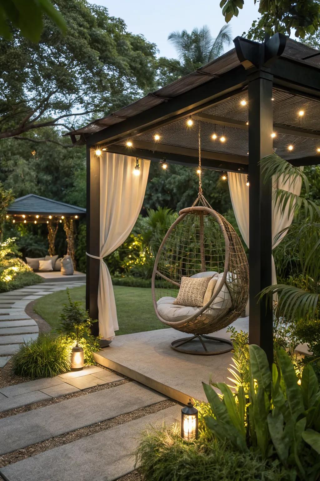 A hanging chair adds a whimsical touch to your gazebo setup.