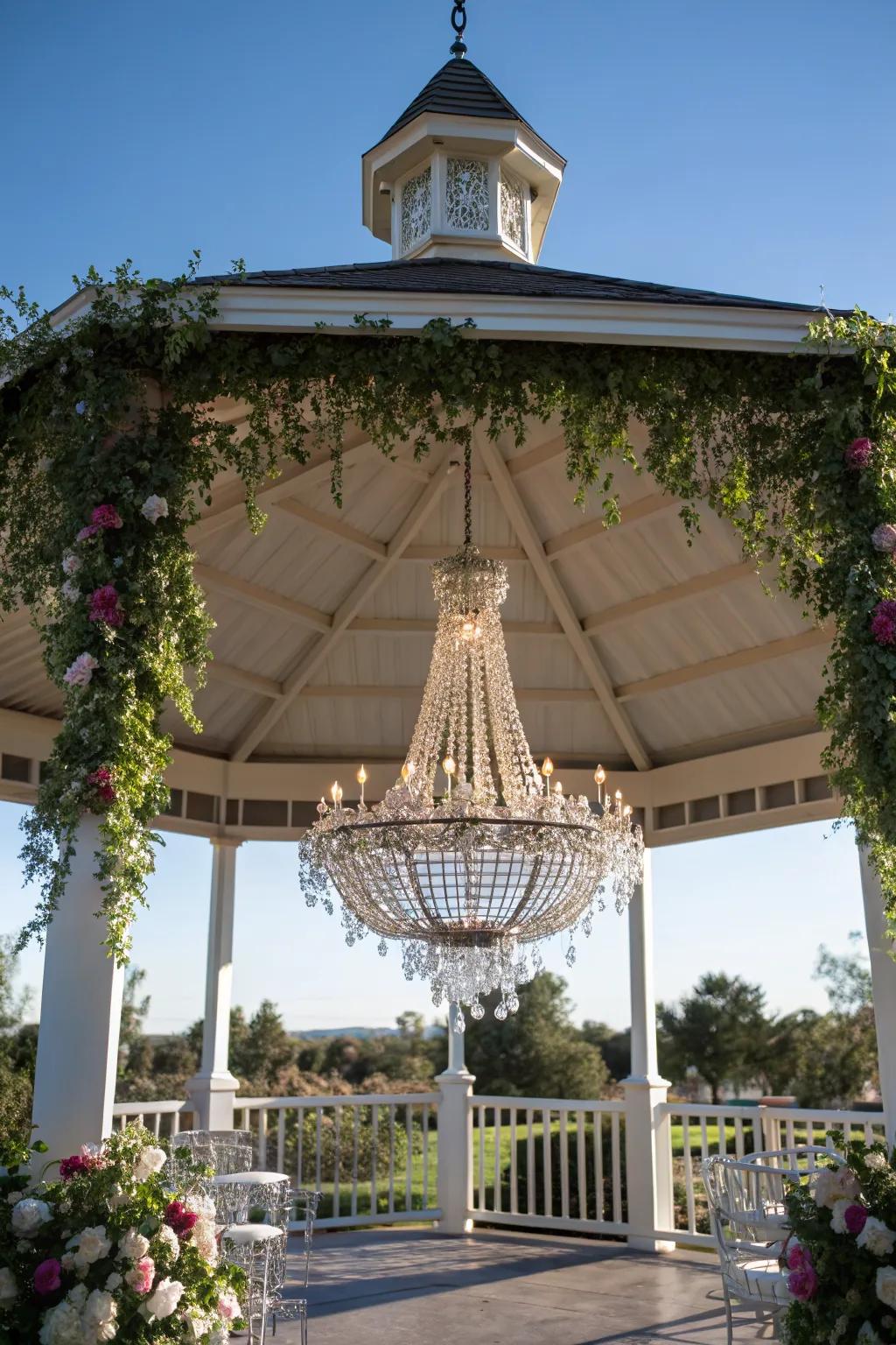 An outdoor chandelier adds a touch of elegance and sophistication.
