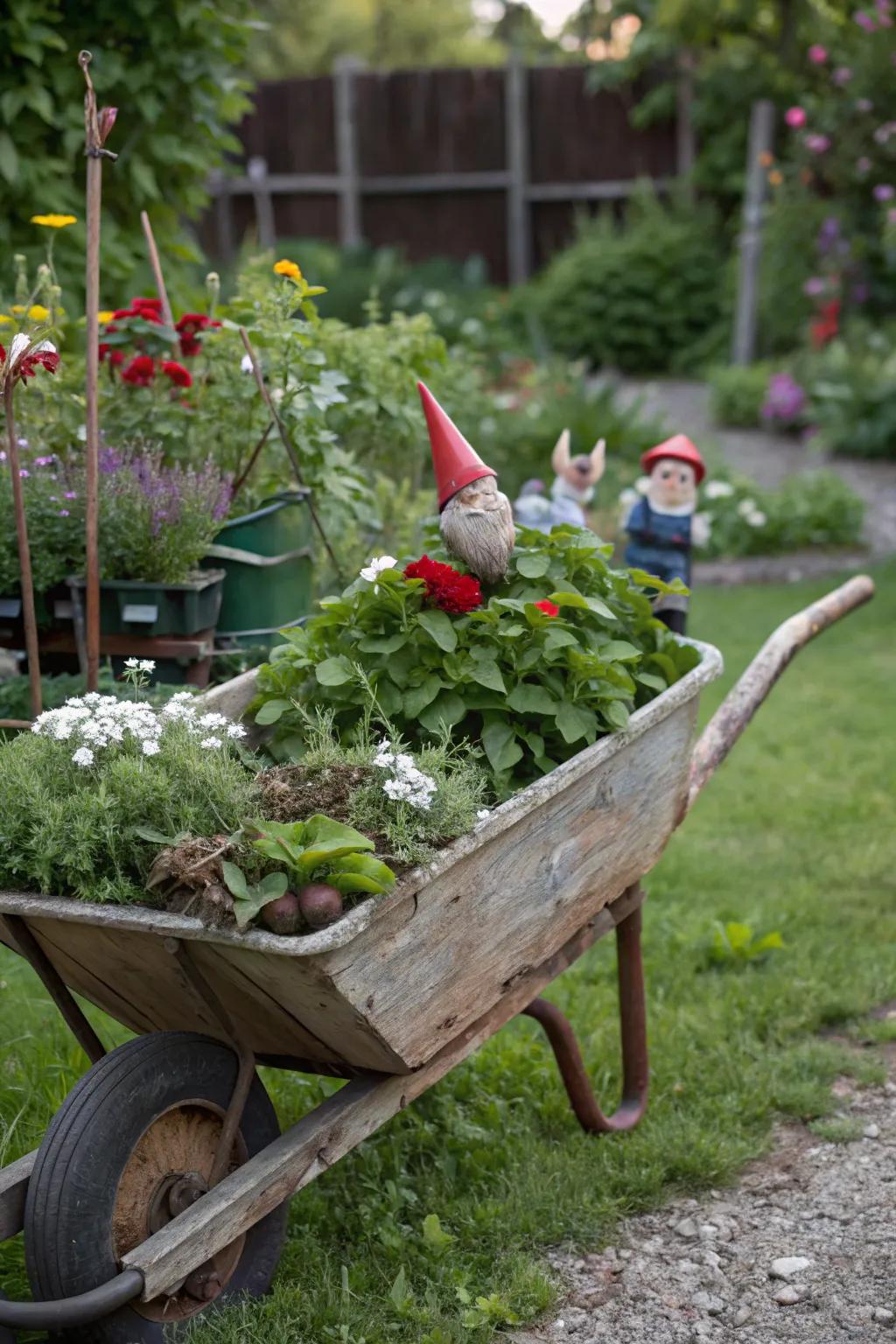 Turn a wheelbarrow into a mobile gnome garden full of character.