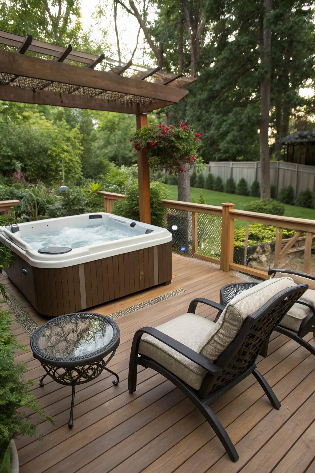 Enhance your hot tub area with a stylish and durable wooden deck.