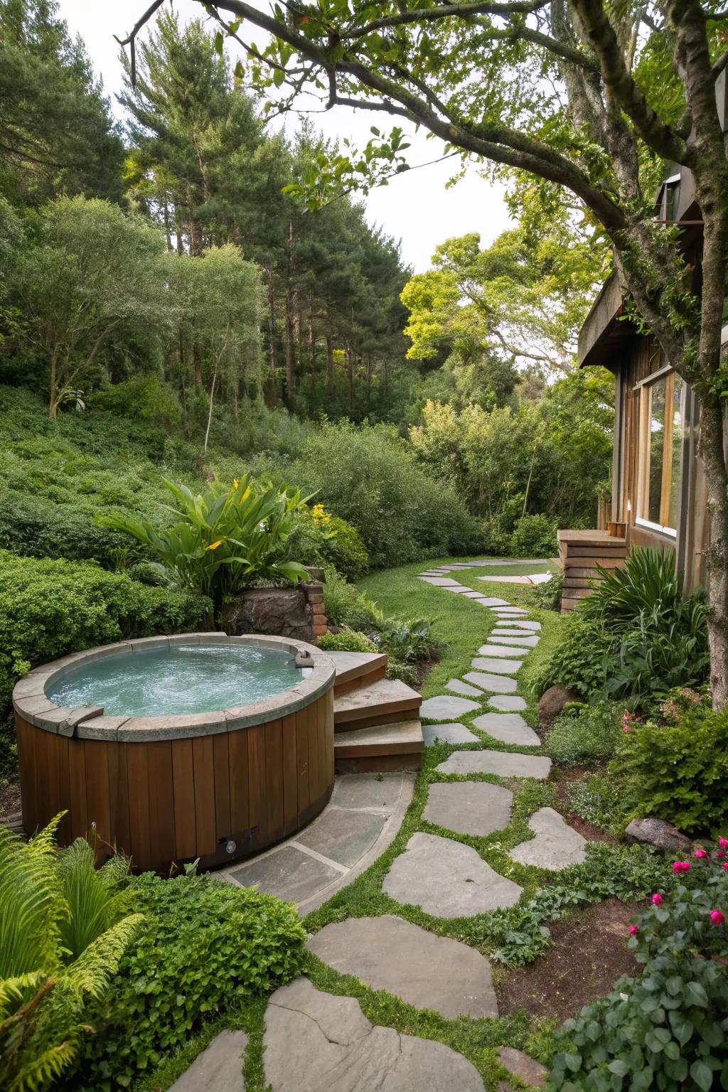 Natural landscaping transforms your hot tub area into a serene oasis.