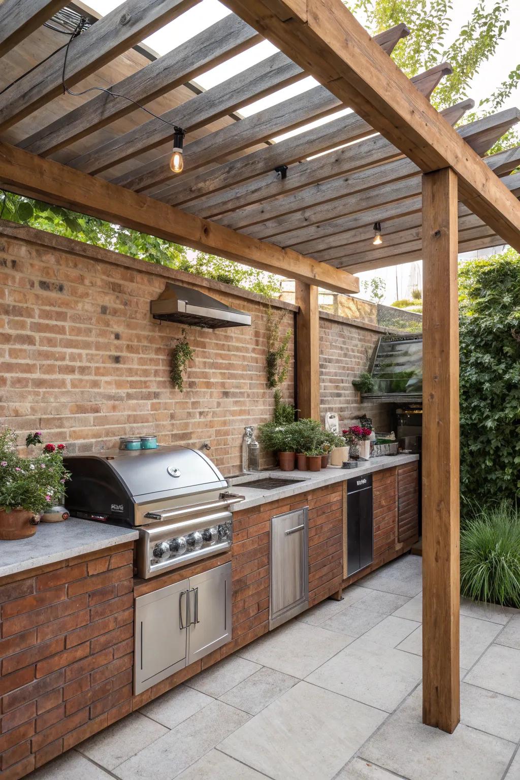 Exposed beams add rustic charm and architectural interest to this outdoor kitchen.