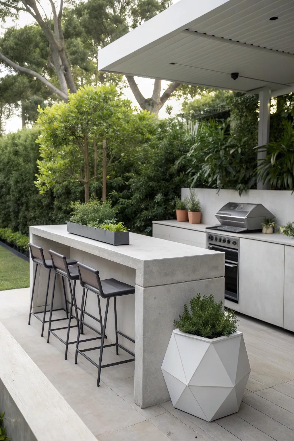 Concrete countertops provide a modern edge to outdoor kitchens.