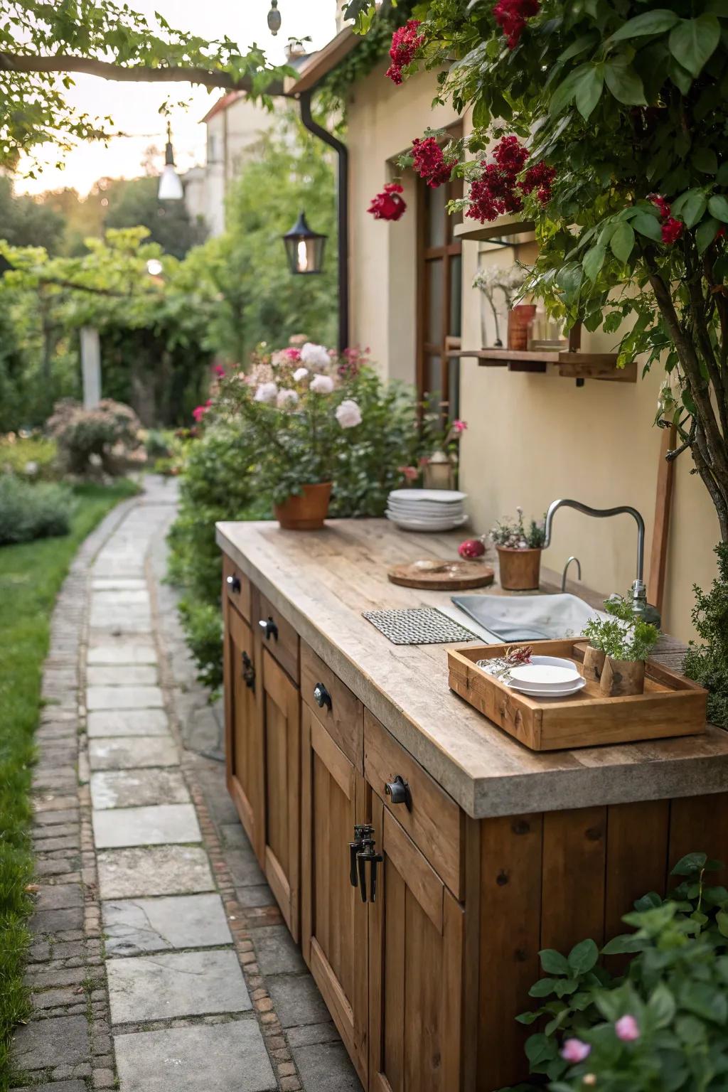 Wooden countertops add charm and warmth to your outdoor oasis.