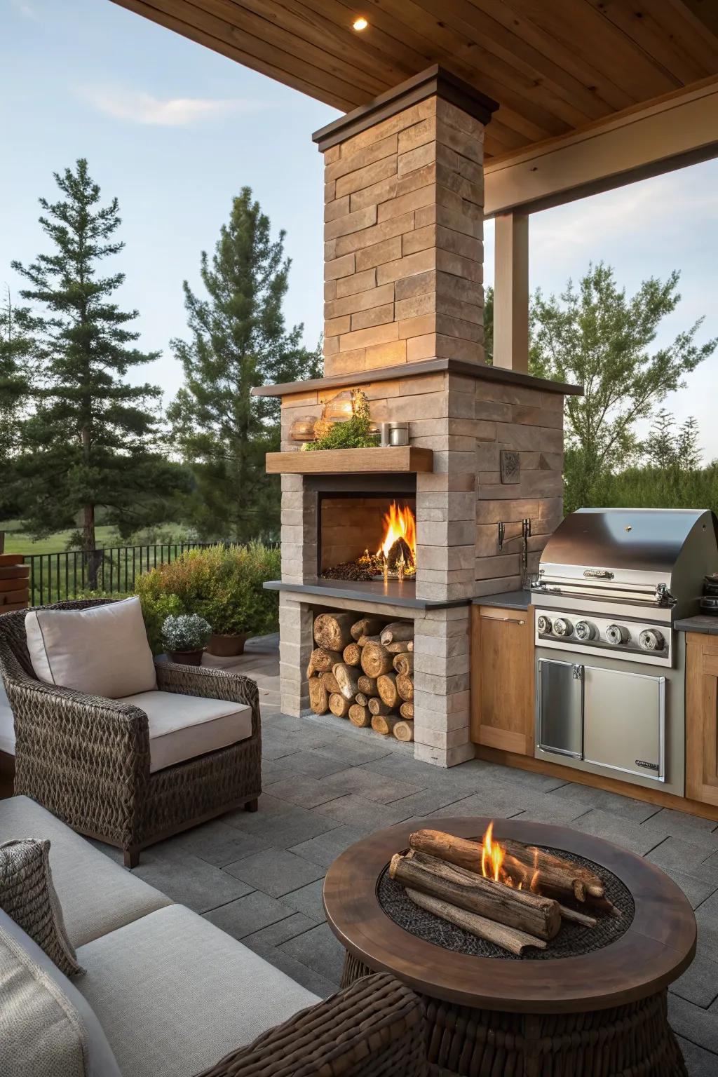 A versatile dual-function fireplace offering both wood and gas options for a dynamic outdoor cooking space.