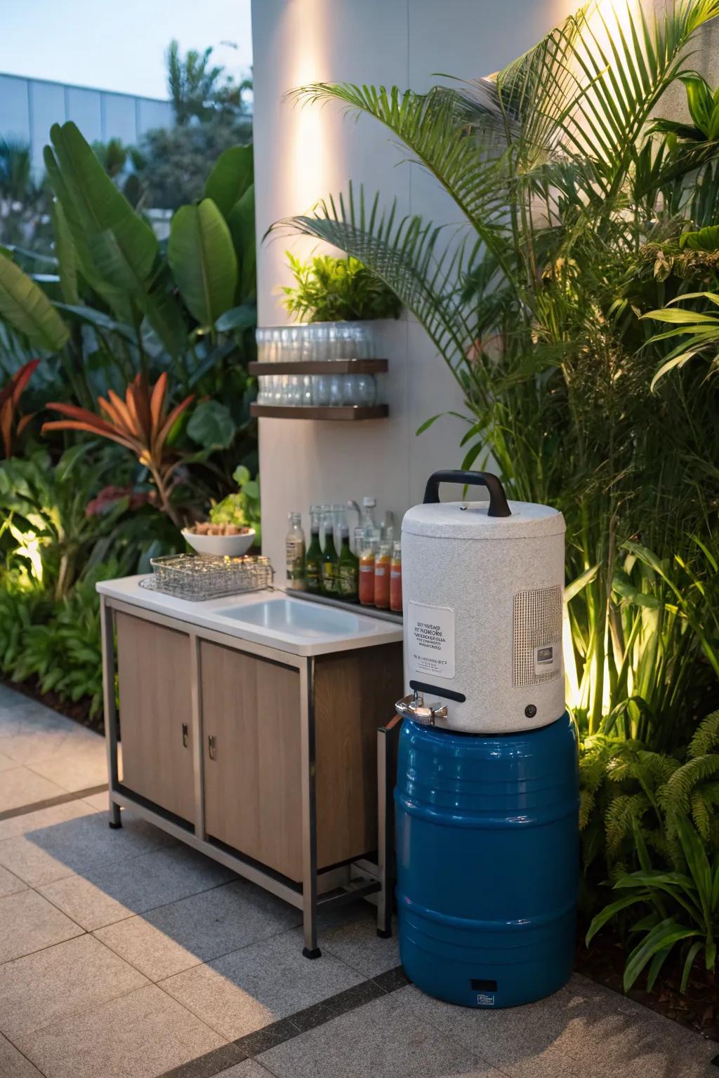 A cozy outdoor beverage station perfect for small gatherings.