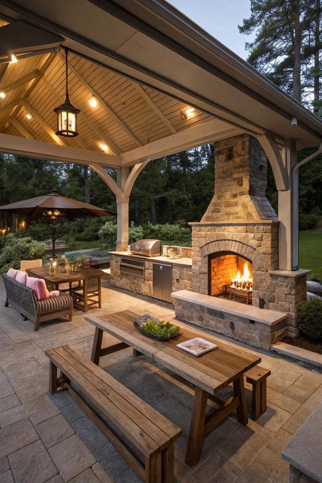 Stay warm and cozy with an integrated fireplace in your pavilion.