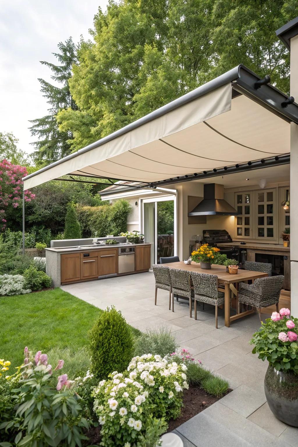 A retractable awning offers flexible coverage for an outdoor kitchen.
