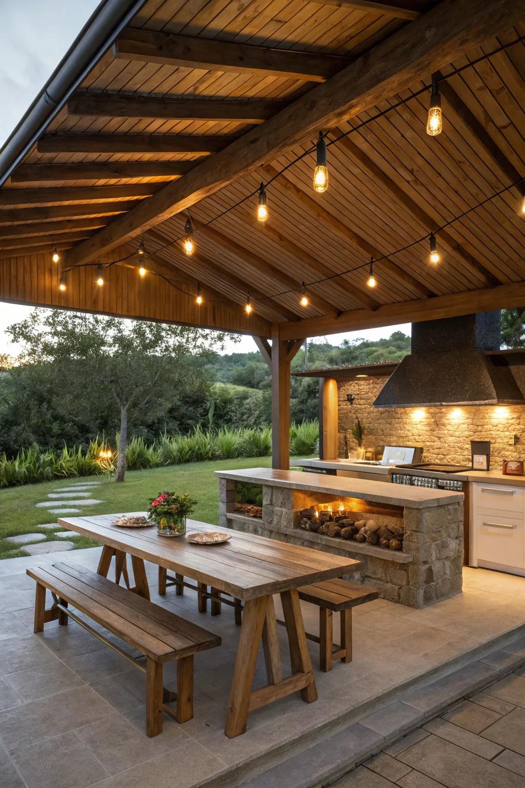 A solid roof ensures your outdoor kitchen is usable in any weather.