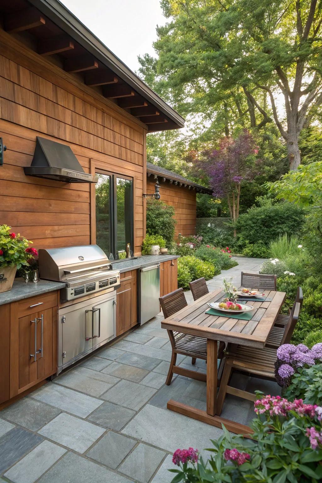 Wood siding brings natural warmth and charm to outdoor kitchens.