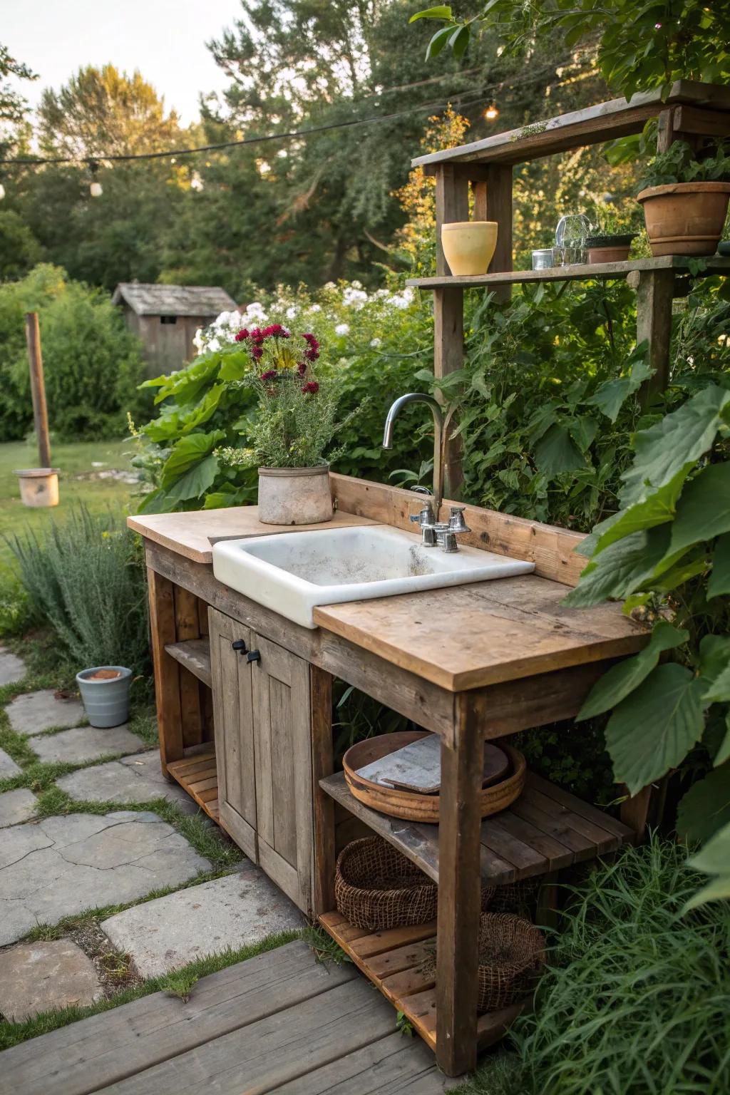 Wooden elements add warmth to an outdoor sink setup.